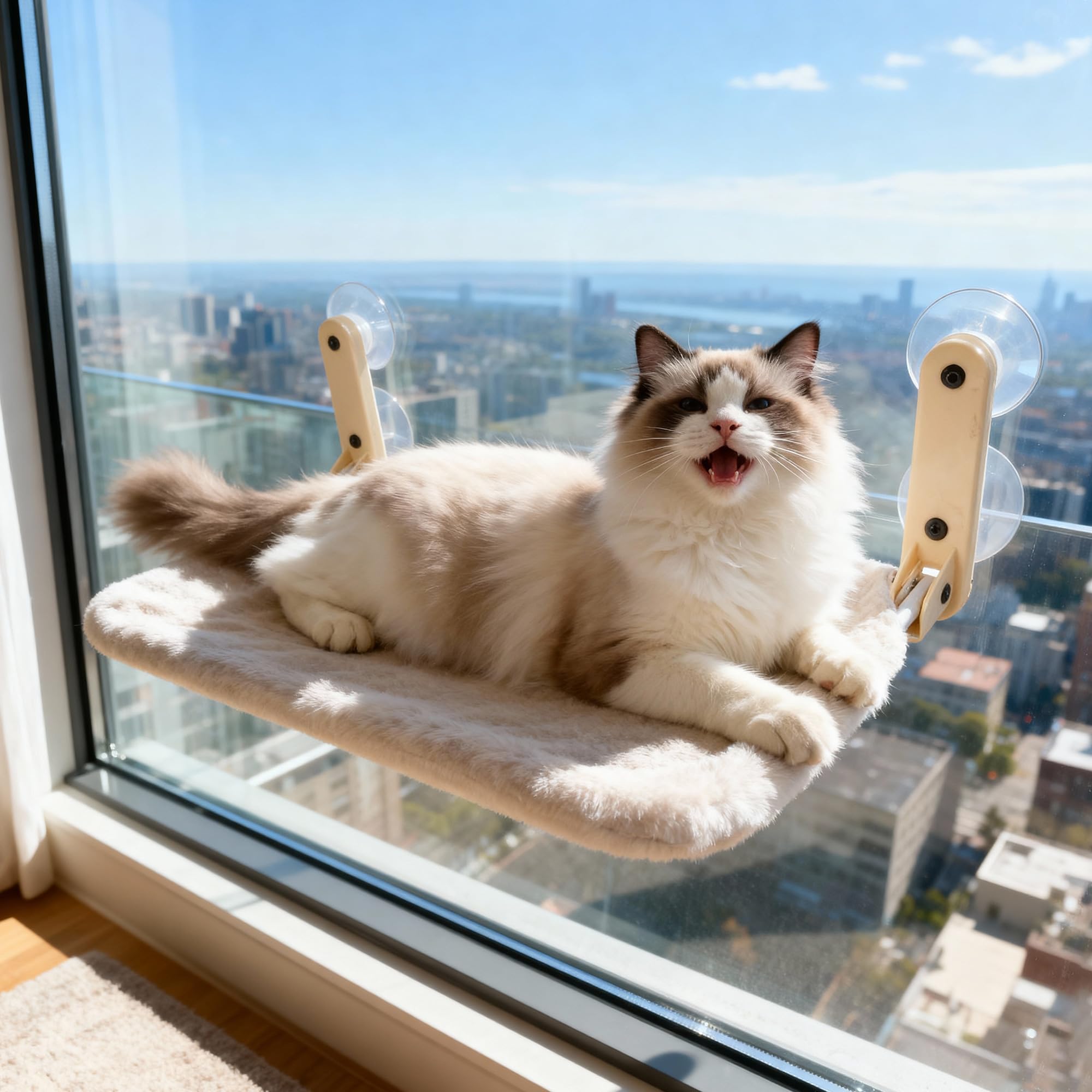 Pet Prime Katzen Fensterliege, Katzen Hängematte, Katzenhängematte, weich mit abnehmbarem Wendebezug, 20 kg Tragkraft, Edelstahl-Gestell, klappbar für Innenfensterbank ohne Seilbefestigung, 45x32 cm