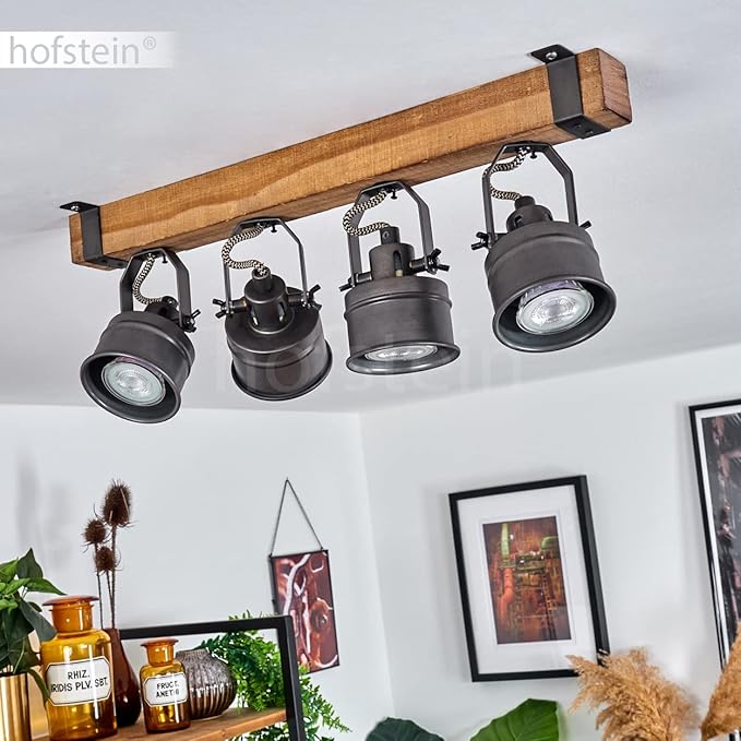 hofstein Plafondlamp Pehefito, plafondlamp in vintage design metaal/hout in zwart/bruin, retro lamp met houten balken en verstelbare spots, 4 lampen, 4 x GU10 fitting, zonder gloeilampen photo 3