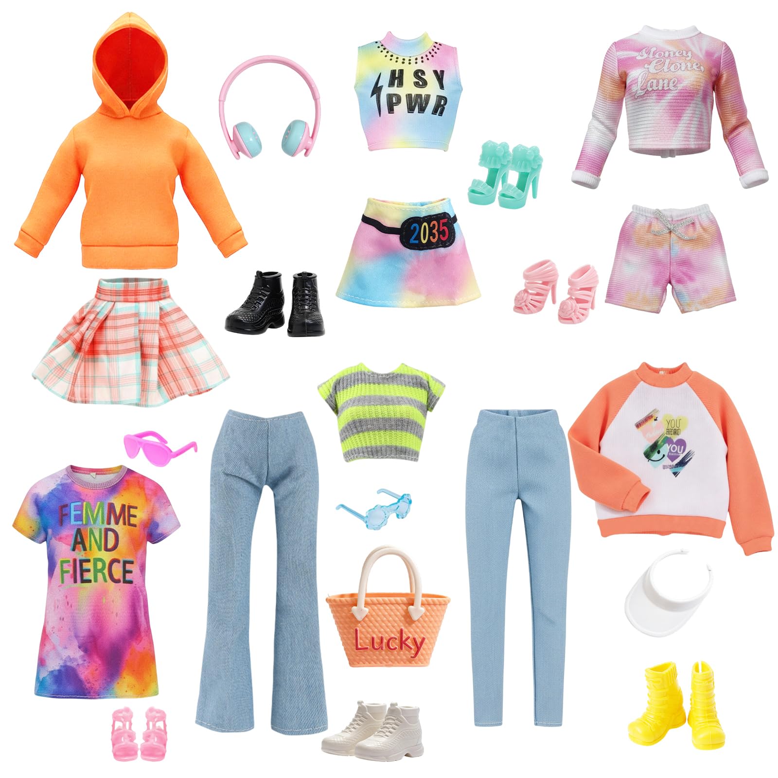 17 Pcs Doll Clothes & Accessories for 11.5 Inch Girl Dolls, 6 Energetic Doll Outfits with Hooded Sweater Skirt Casual Jeans Sport Wear Dress, 11 Accessories Shoes Backpack Sunglasses Hats Girls Gifts