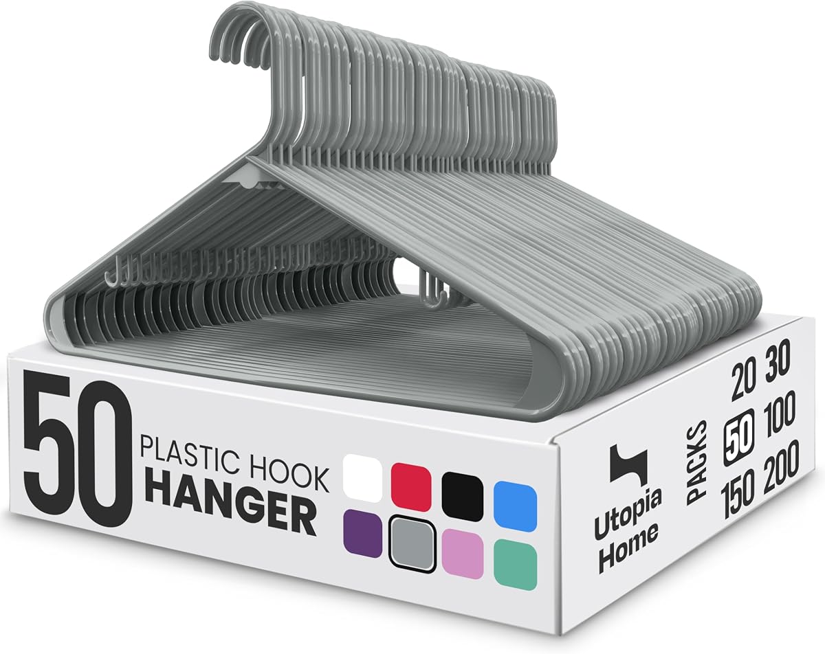 Utopia Home Plastic Hangers 50 Pack – Built-in Strap Hooks Grey | Space saving | Durable & strong | Closet organizer | Clothes hangers | Ideal for shirts, pants, skirts & coats