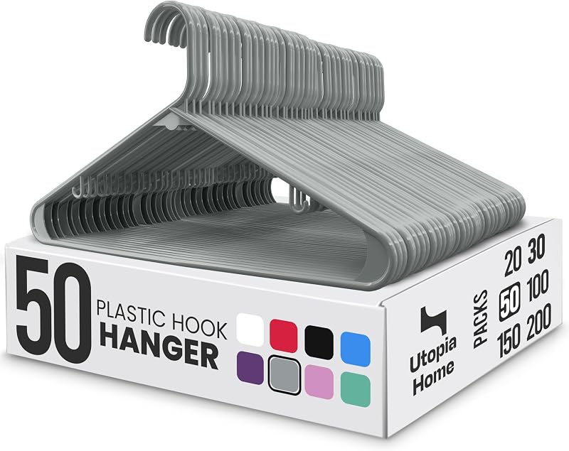 Utopia Home Plastic Hangers 50 Pack – Built-in Strap Hooks Grey | Space saving | Durable & strong | Closet organizer | Clothes hangers | Ideal for shirts, pants, skirts & coats