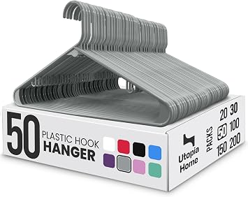 Utopia Home Plastic Hangers 50 Pack Built-in Strap Hooks Grey | Space saving | Durable & strong | Closet organizer | Clothes hangers | Ideal for shirts, pants, skirts & coats