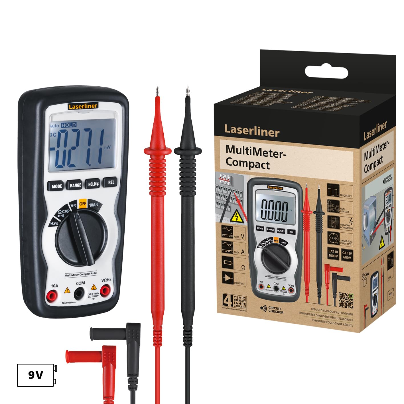 Laserliner Multimetro digitale Compact, con auto-range, misurazione AC/DC, capacità, frequenza, test diodi, passaggio con segnale acustico, allarme vibrazionale