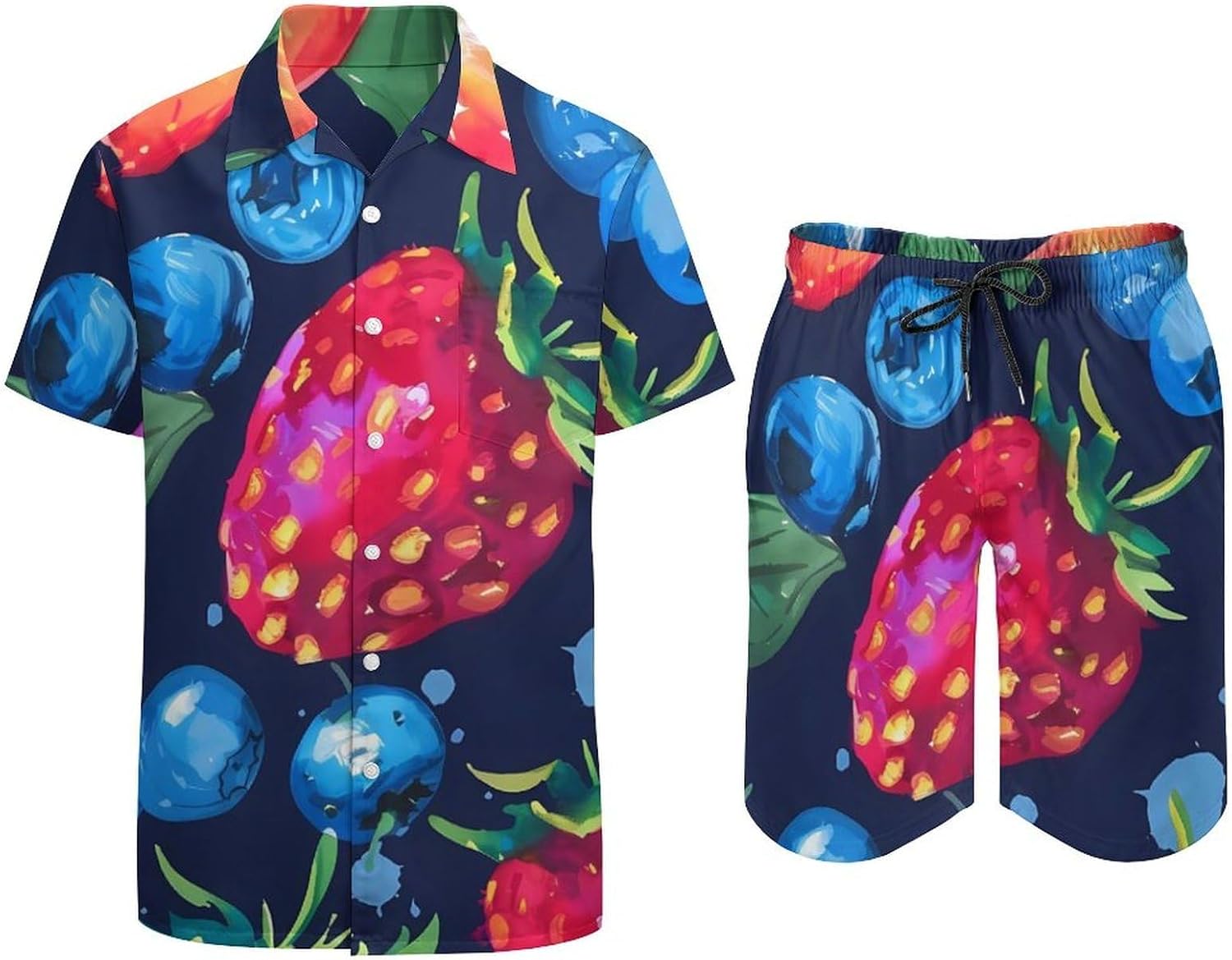 Hand Drawn Strawberry Blueberry Men's Summer Beach 2 Piece Outfits | hawaiian button down shirt and shorts,vacation cruise,mens bathing suit