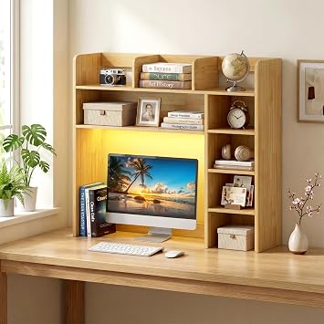 Desk Hutch with LED Lights, Wood Desktop Bookshelf for Up to 25" Monitor