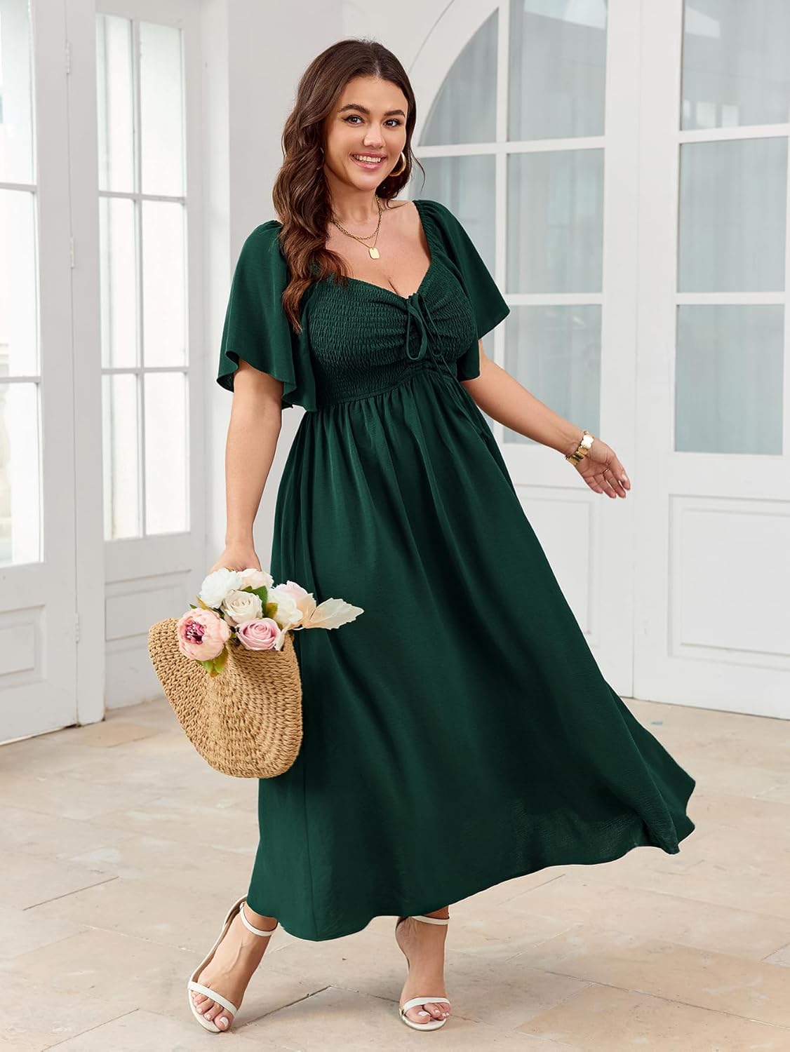 Women's Plus Size Maxi Dress Short Sleeve Sweetheart Neckline Smocked A Line Flowy Formal Wedding Guest Dress - Image 2