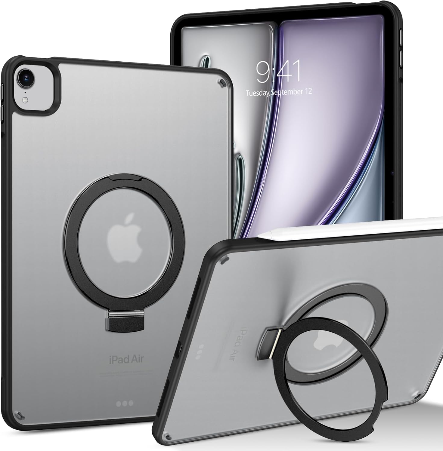 BENTOBEN for iPad Air 11 Inch Case M2 2024, iPad Air 6th Gen Case with Invisible Foldable Kickstand & Pencil Holder,Slim Translucent Matte Shockproof Protective Tablet Cover for iPad Air 11", Black