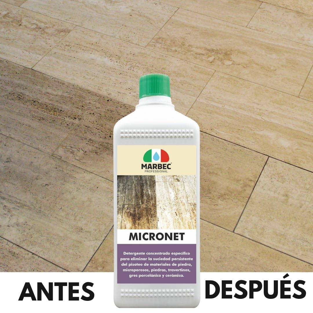 MARBEC MICRONET 5LTX4PZ Detergente específico para eliminar la suciedad de tráfico en materiales líticos microporosos, como piedras, travertinos y gres porcelánico.