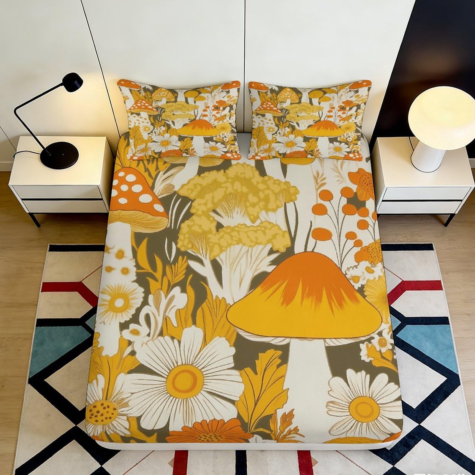 3D Printed Retro Floral Fitted Sheet Microfiber Soft Orange Mushroom Mattress Cover Bedroom Dorm Decor Dustproof 120x200x25cm