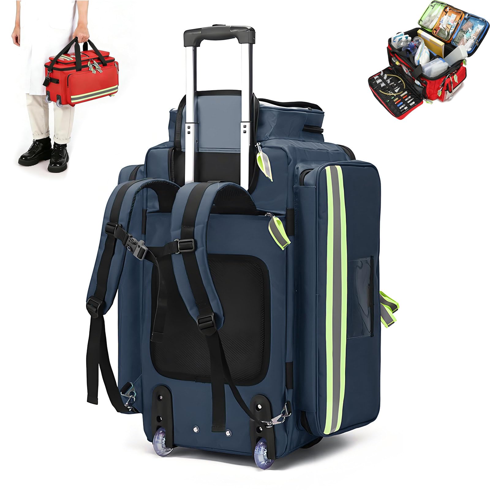 ROGHA Rolling Medical Bag with Wheels,First Aid Kit Bag,Detachable Pull-Rod Emergency Box,with Compartments and Reflective Strips,for EMT,EMS,Home Health Nurses,Doctors Blue
