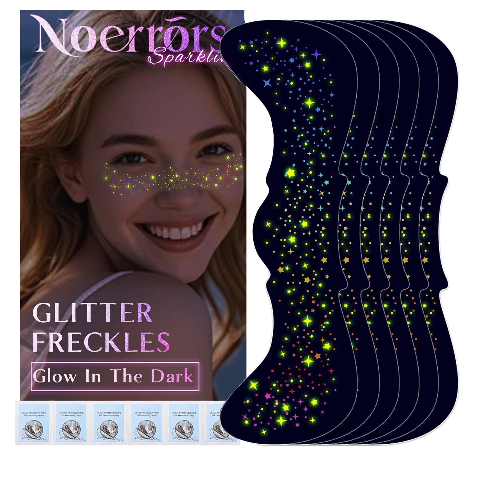 Noerrors 6pcs Glow in the Dark Rainbow Freckles Face Tattoo Sticker