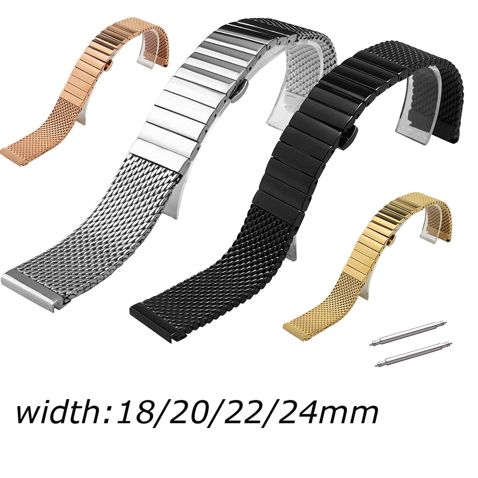 Cinturino a Maglia Singola con Cinturino in Acciaio Inossidabile 18mm 20mm 22mm 24mm Chiusura a Farfalla Sostituzione ML Bracciale (Colore Cinturino: Argento, Larghezza Cinturino: 20mm) (24mm Oro)