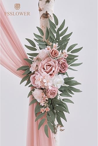 Miniatura 10 de Fsslower Kit de flores de arco de boda con cortina (paquete de 3)  2 guirnaldas de flores artificiales con 1 tela drapeada para decoración de