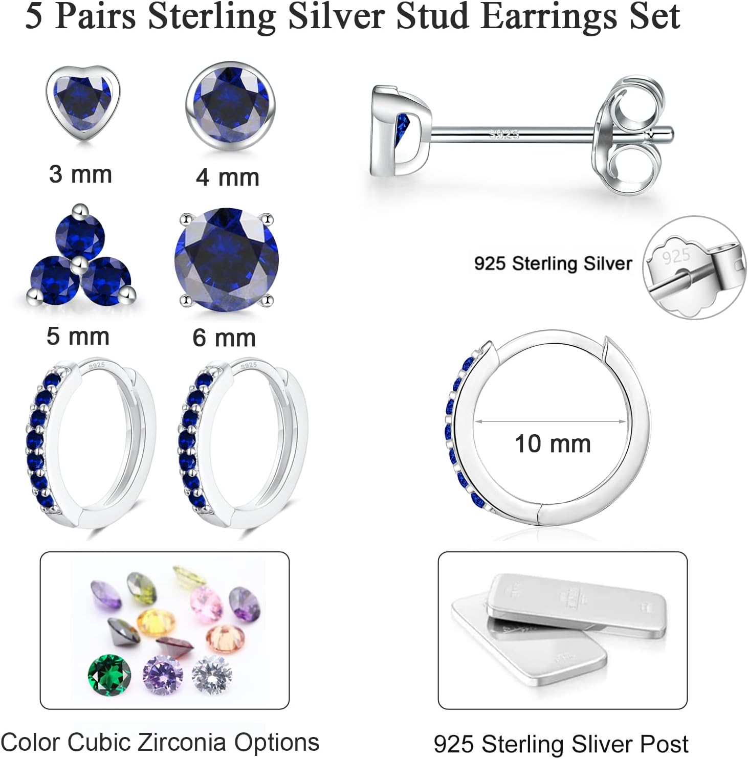 EPIRORA 925 Sterling Silver Studs Earrings Set for Women Men, Hypoallergenic Cubic Zirconia Stud Cartilage Helix Earrings, 5 Pairs Different Sizes Silver Hoop Earring Studs Sets for Multiple Piercing - Image 5