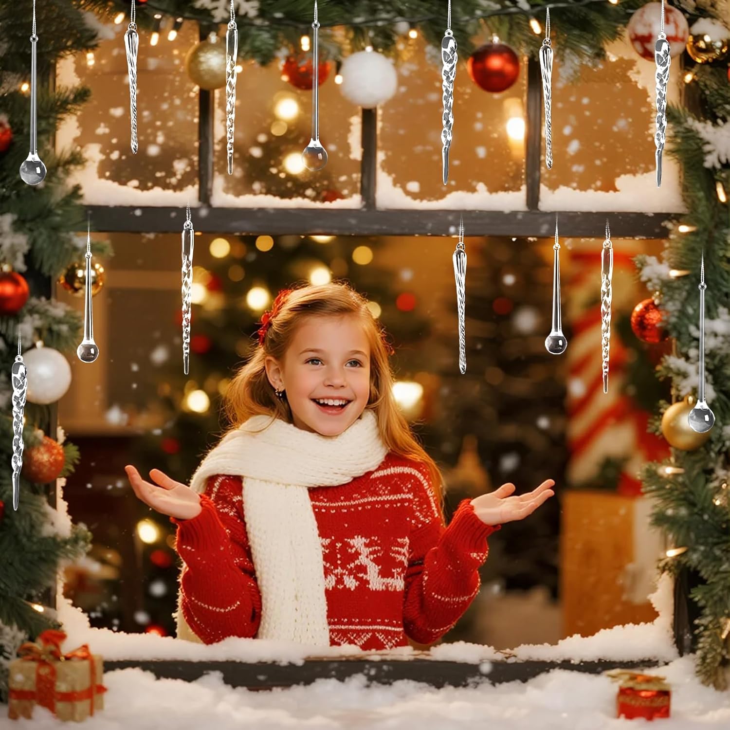 OuMuaMua 200 Pcs Christmas Icicle Ornaments for Christmas Tree Decorations, Water Drop Shape Crystal Pendants Hanging Acrylic Ornaments, Xmas Winter Wonderland Party Decorations Supplies