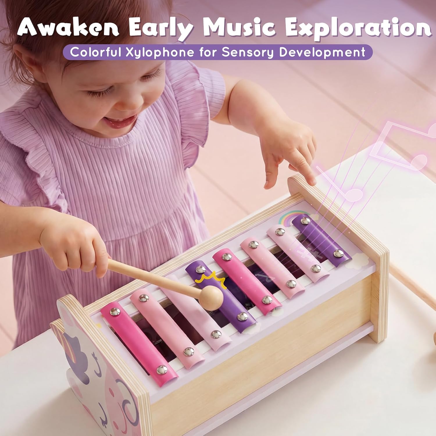Lehoo Castle Baby Montessori Toys for 1 2 Year Old, Wooden Hammering Pounding Toy with Xylophone, Educational Learning Activities for 1 2 3 Year Old Girls First Christmas Birthday Gifts - Unicorn