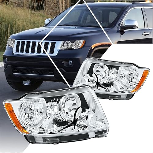 PM PERFORMOTOR Conjunto de 2 faros halógenos compatibles con Jeep Grand Cherokee 11-13, carcasa cromada, esquina ámbar