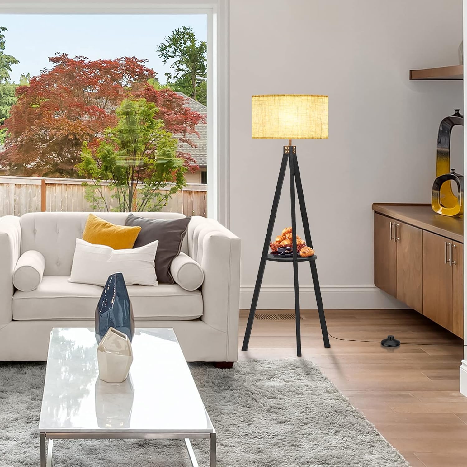 LEPOWER Tripod Floor Lamp, Mid Century Wood Standing Lamp, Modern Design Shelf Floor Lamp for Living Room, Bedroom, Office, Flaxen Lamp Shade with E26 Lamp Base Black