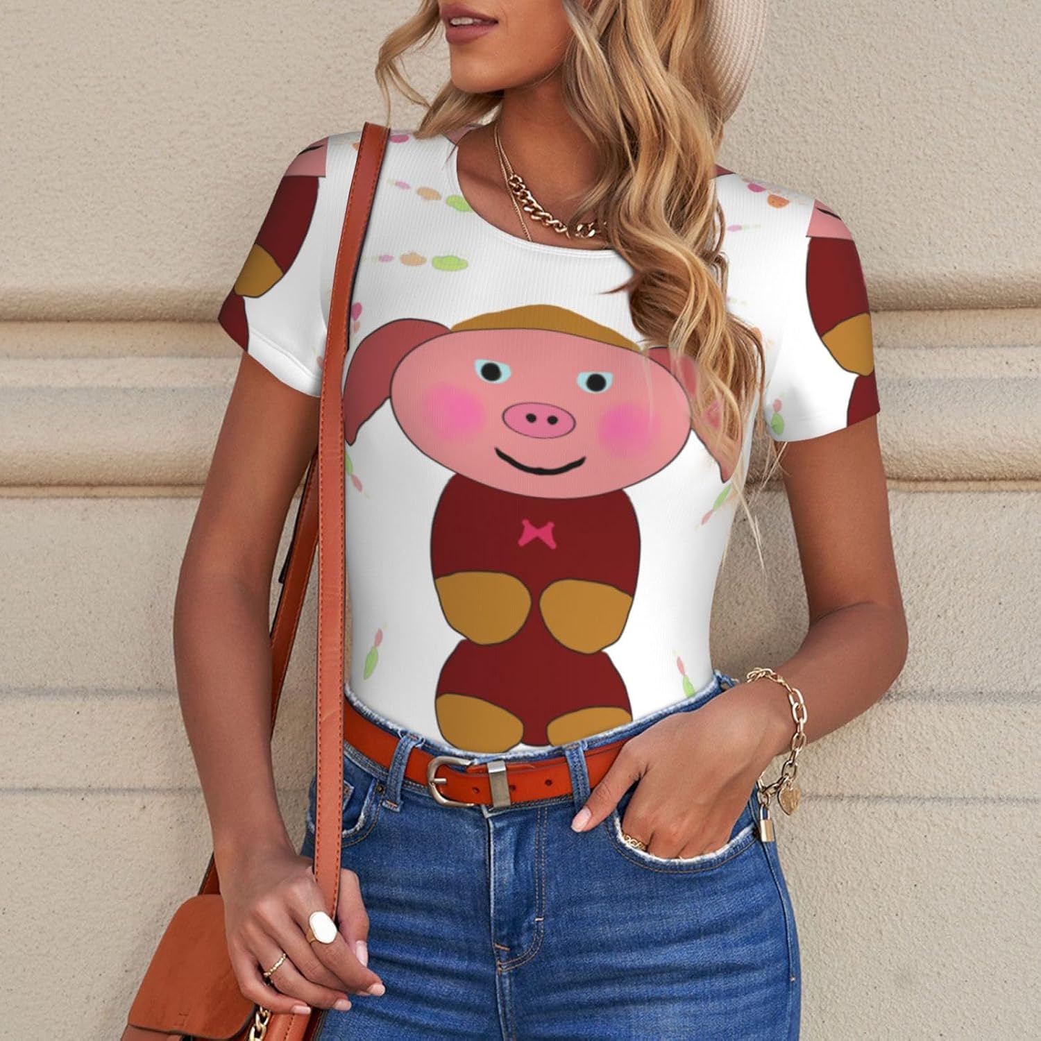 Happy cartoon pig XX-Large Pattern women's round-neck tights T-shirts - home leisure sportswear, sizes S-XXL,