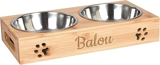 Laublust Feeding Station with Name, Bamboo, 2 Stainless Steel Feeding Bowls, Food Bar for Dogs and Cats