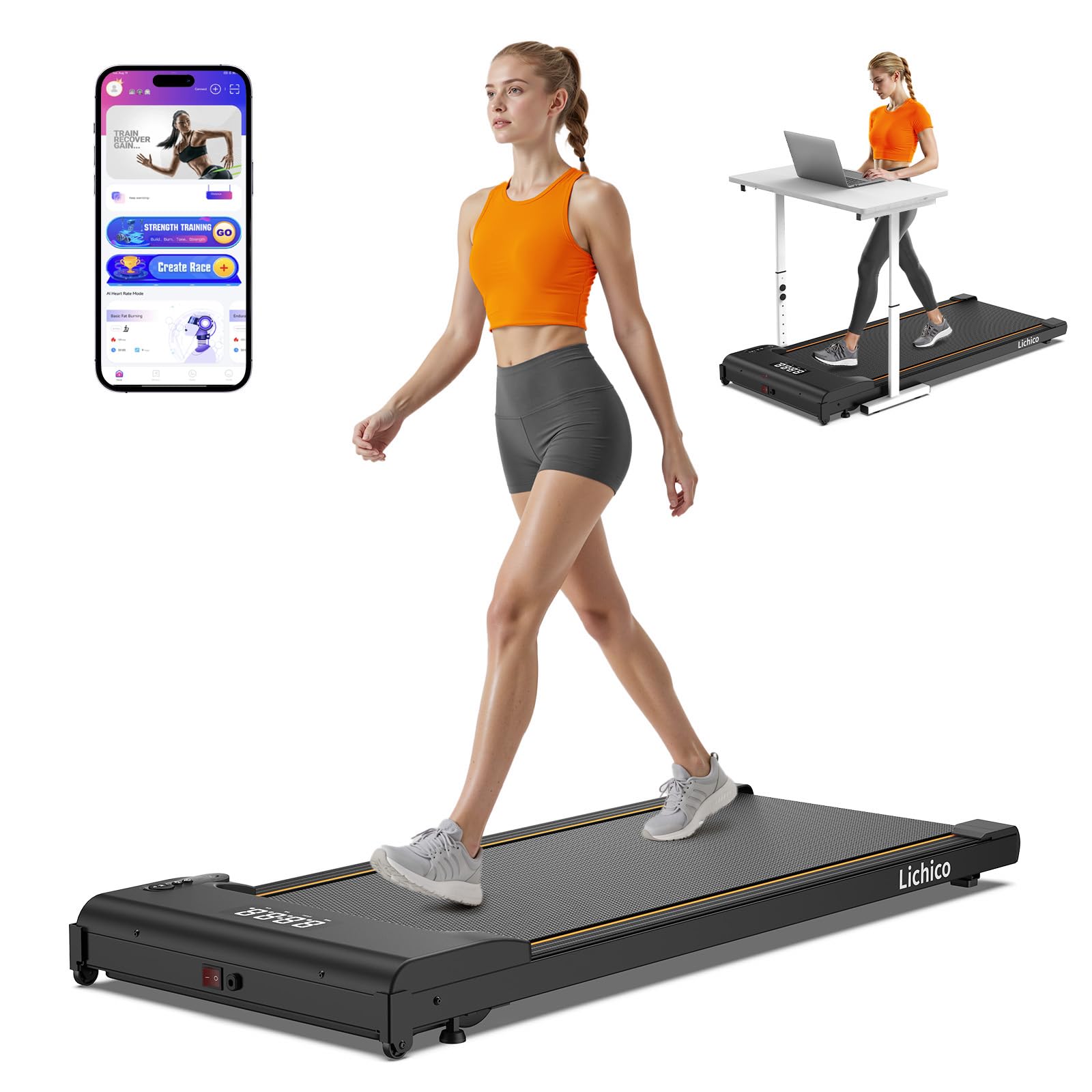 Lichico Walking Pad Treadmill with 0-9% Incline, Under Desk Treadmll with 40 * 100cm Running Belt with Smart APP Remote Control, Running Machine of 130KG Capacity for Home Exercise (No Incline)