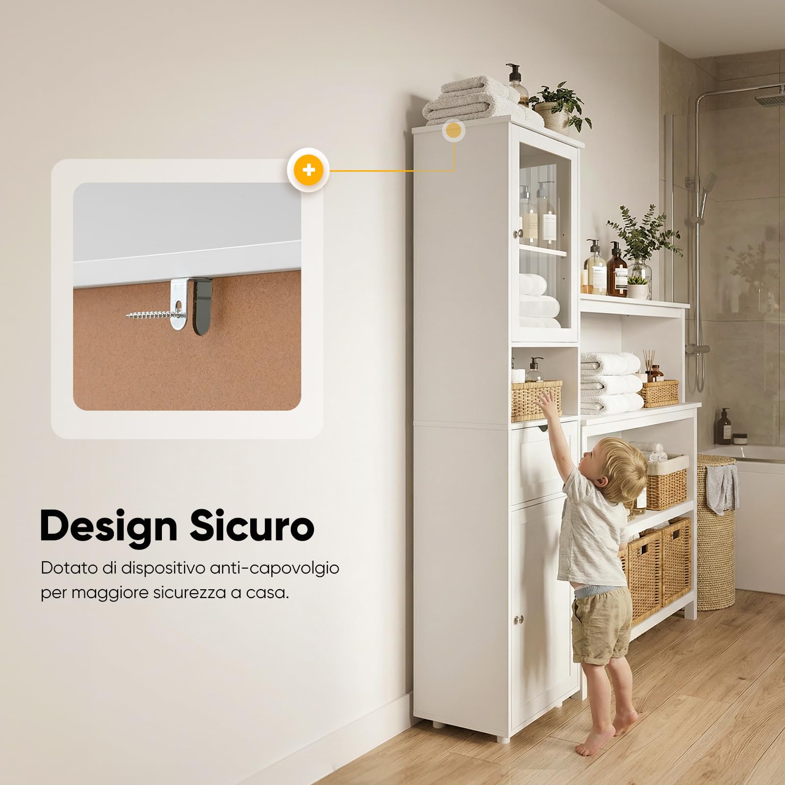 HOKEEPER Mobile alto da bagno bianco – Armadio da bagno sottile con 2 ante e scomparti aperti – Mensola da bagno indipendente & Armadio da cucina – Salvaspazio per bagno e soggiorno | Sottile salvaspazio armadietto alto armadio cucina mensola con anta per