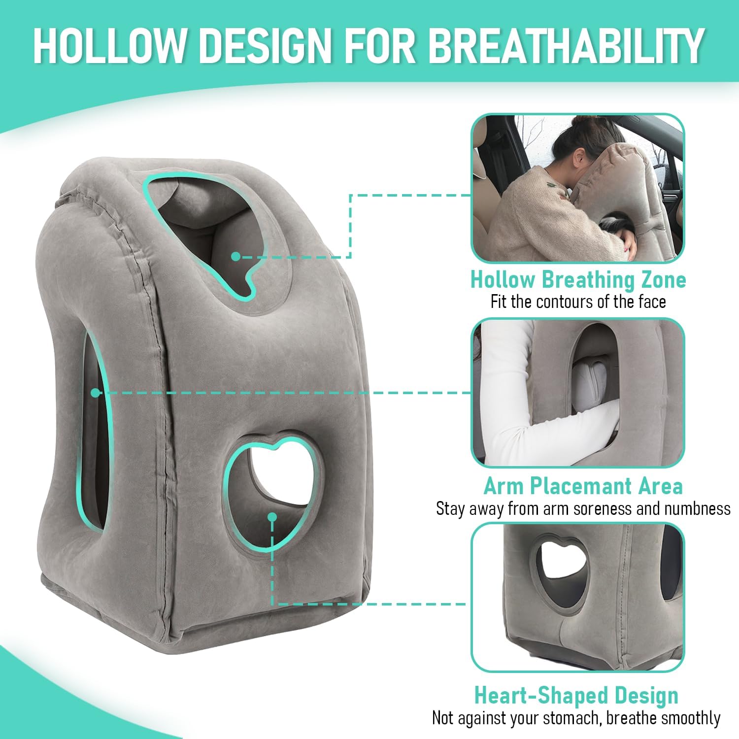 Inflatable Travel Pillow for Airplanes, Airplane Pillow for Long Flight Comfortably Supports, Used for Planes, Trains, Cars, Includes Storage Bag, Eye Mask & Earplugs (Grey) - Image 5