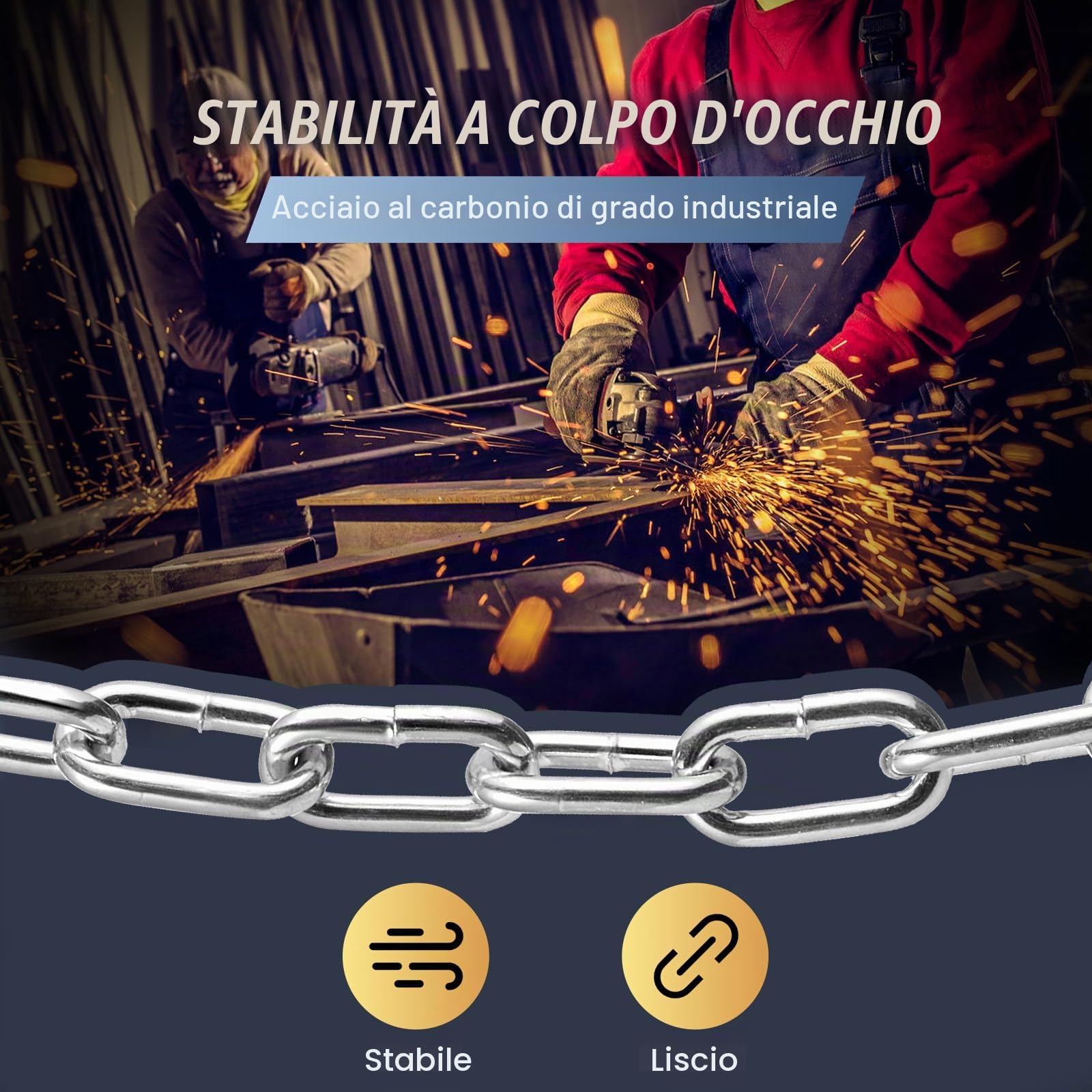 VEVOR Catena a maglie in acciaio al carbonio zincato, 5,1 mm x 76,2 m, Capacità di carico 498kg, Due connettori rapidi, Catena per traino, Sospensione, Campeggio, Catena per Traino Movimentazione