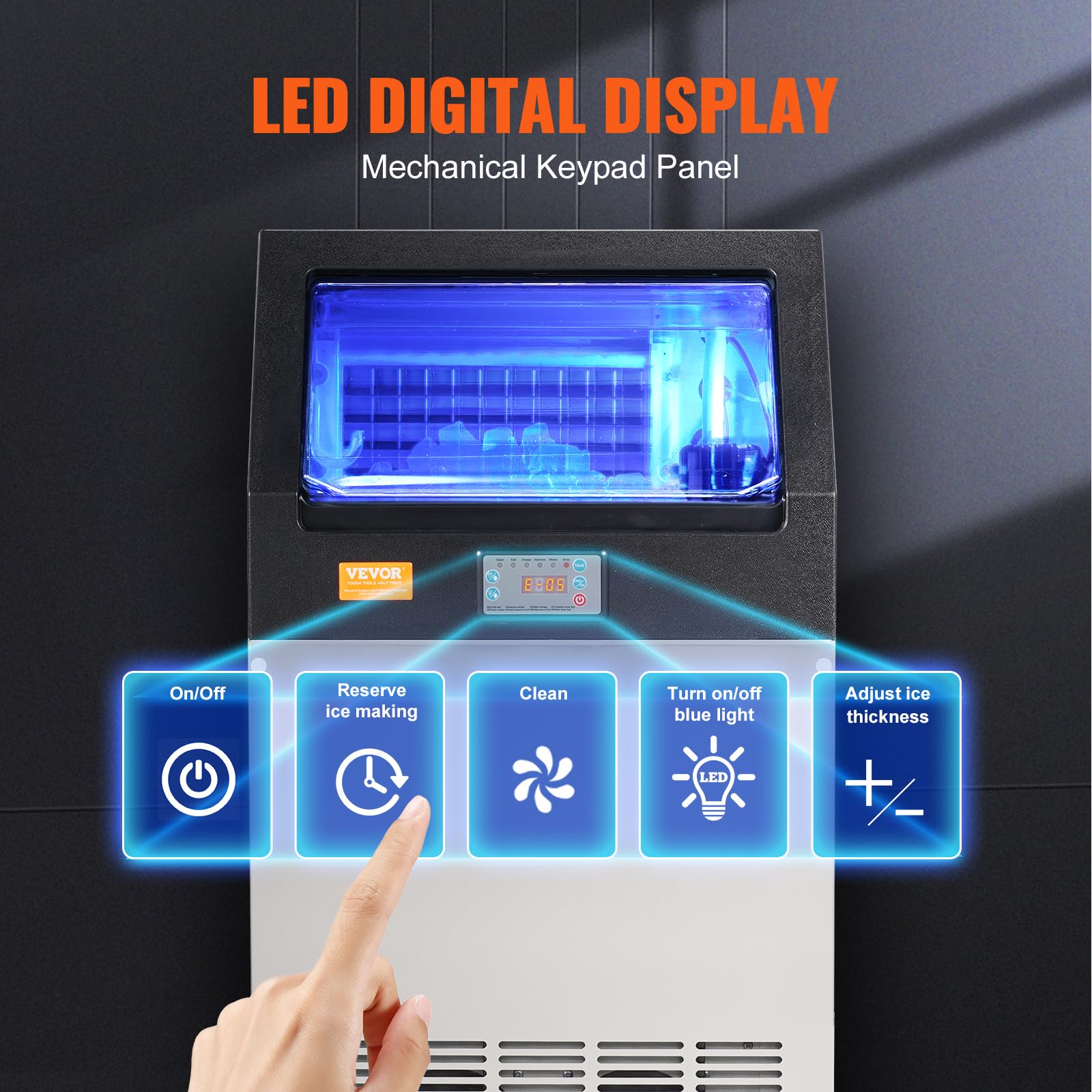 VEVOR Kommerzieller Eisbereiter 45 kg/24 h Eiswürfelmaschine 55 Eiswürfel in 12–15 Minuten Freistehender Schrank-Eisbereiter 15 kg Speicherkapazität LED-Digitalanzeige Silber