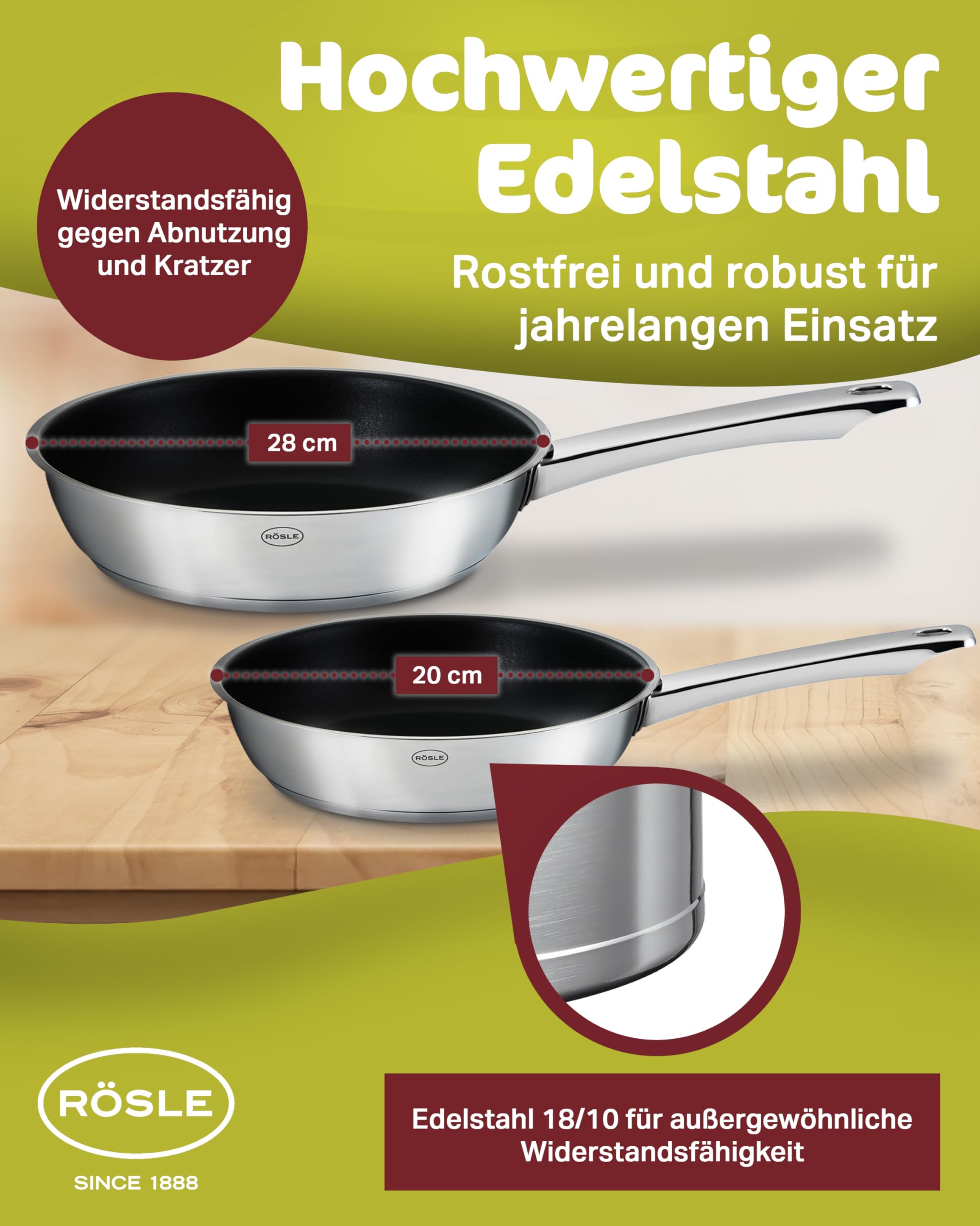 RÖSLE Moments Pfannenset 2 Stück 20 und 28 cm, Bratpfanne aus Edelstahl | Antihaftbeschichtet und kratzfest, für alle Herdarten inkl. Induktion, backofenfest bis 260 °C, spülmaschinenfest, PFAS-frei