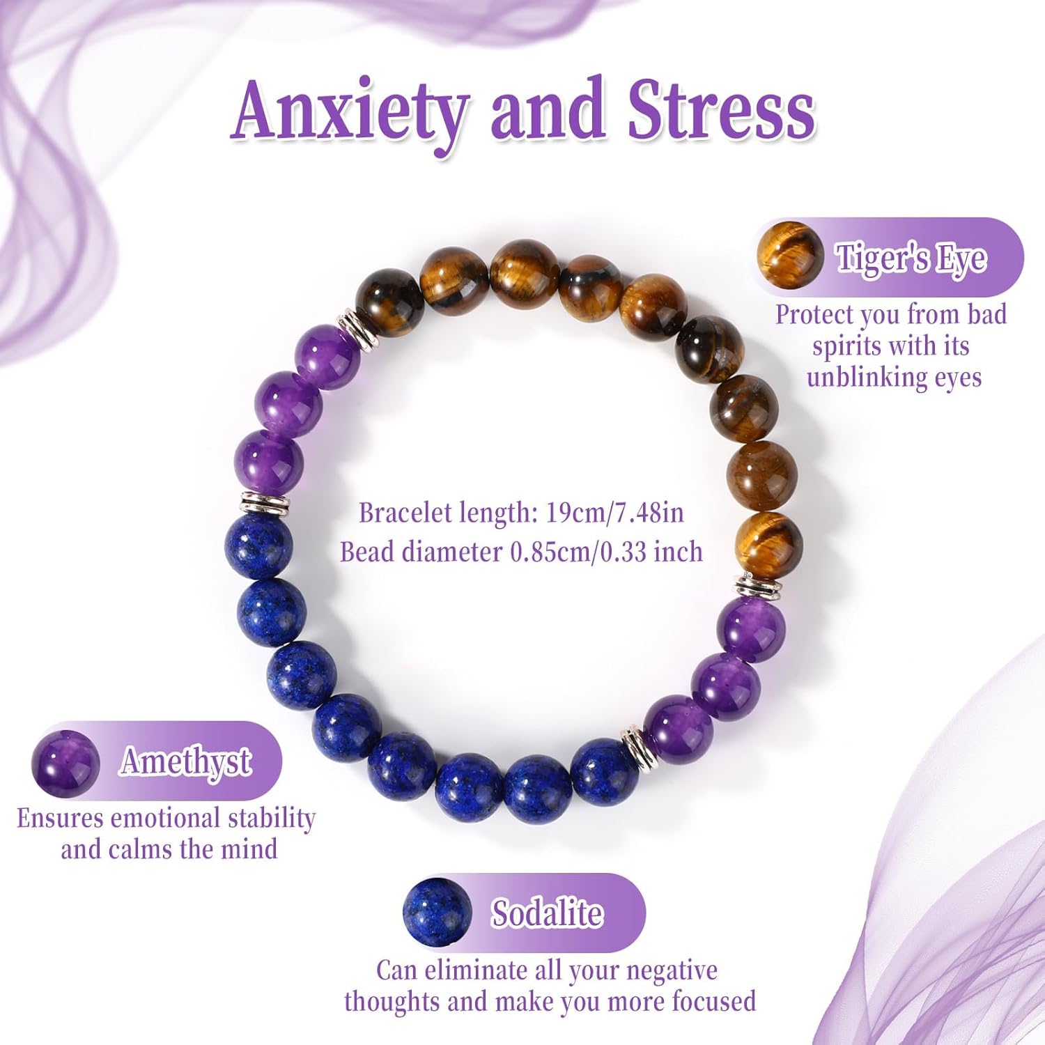 Natural Crystal Bracelet, Crystal Stone Natural Beaded Bracelet Amethyst Tiger Eye Anxiety Protection Good Luck Bracelet with Card for Women Birthday Gift Jewelry - Image 2