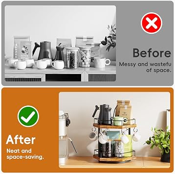 KLM 2 Tier Coffee Bar Organizer Countertop Station Shelf for Home Office, Multi-Functional Coffee Mug Cup Holder Stand, Accessory Storage Rack with 6 Hooks, 360 Rotated Coffee Cup Holder for Counter