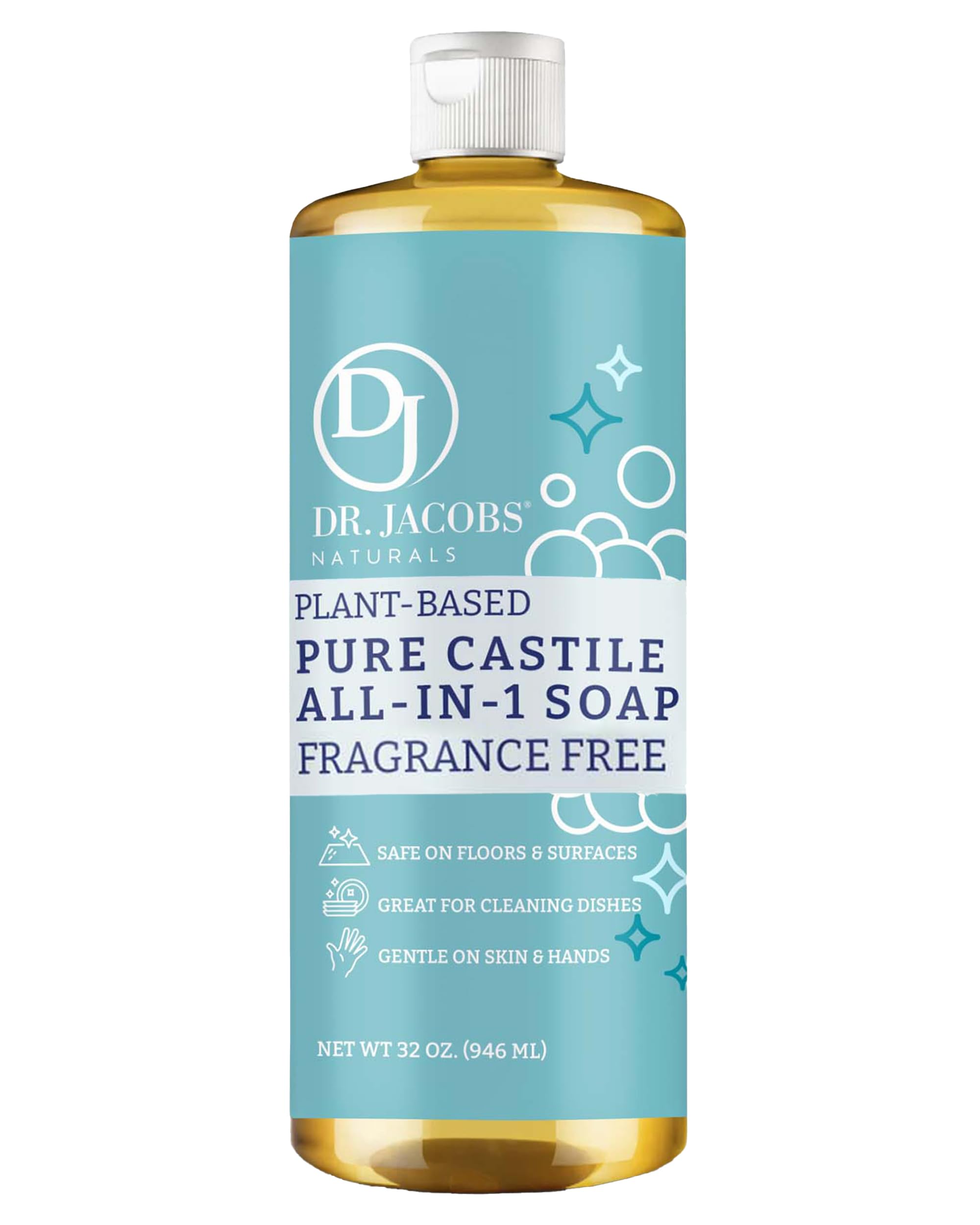 Dr. Jacobs Naturals Fragrance Free Castile All-in-One Cleaner and Soap - Plant-Based Formula for House Cleaning Floors and Appliances - Gentle on Skin
