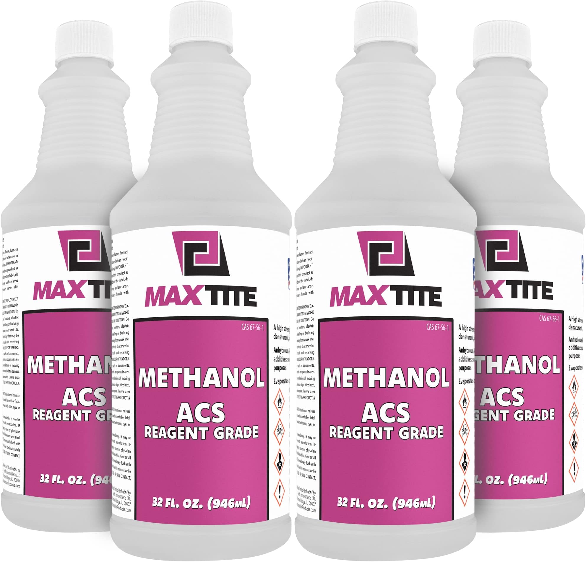 MAXTITE Methanol - 1 Gallon (4 x 32 fl oz) - Premium Quality ACS Reagent Grade for Laboratory or Industrial Use - Made in USA