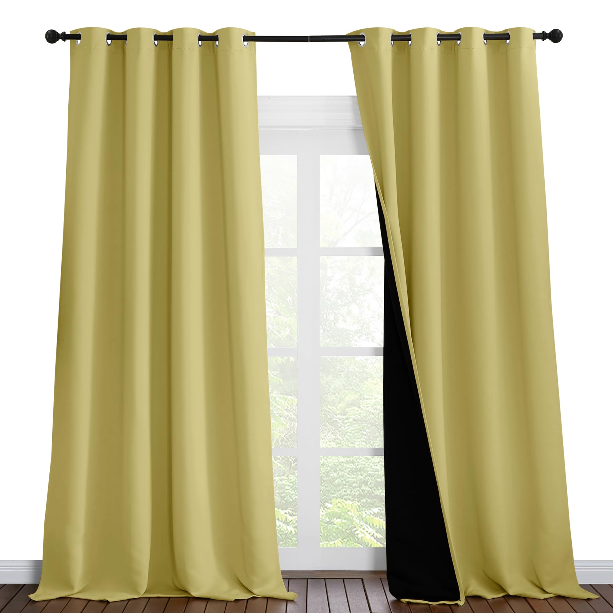 NICETOWN 100% Blackout Blinds, Set of 2, 52 inches x 120 inches, Laundry Room Decor Window Treatment Curtains for Large Patio Sliding Door, Thermal Insulated Paler Yellow Curtains for Bedroom