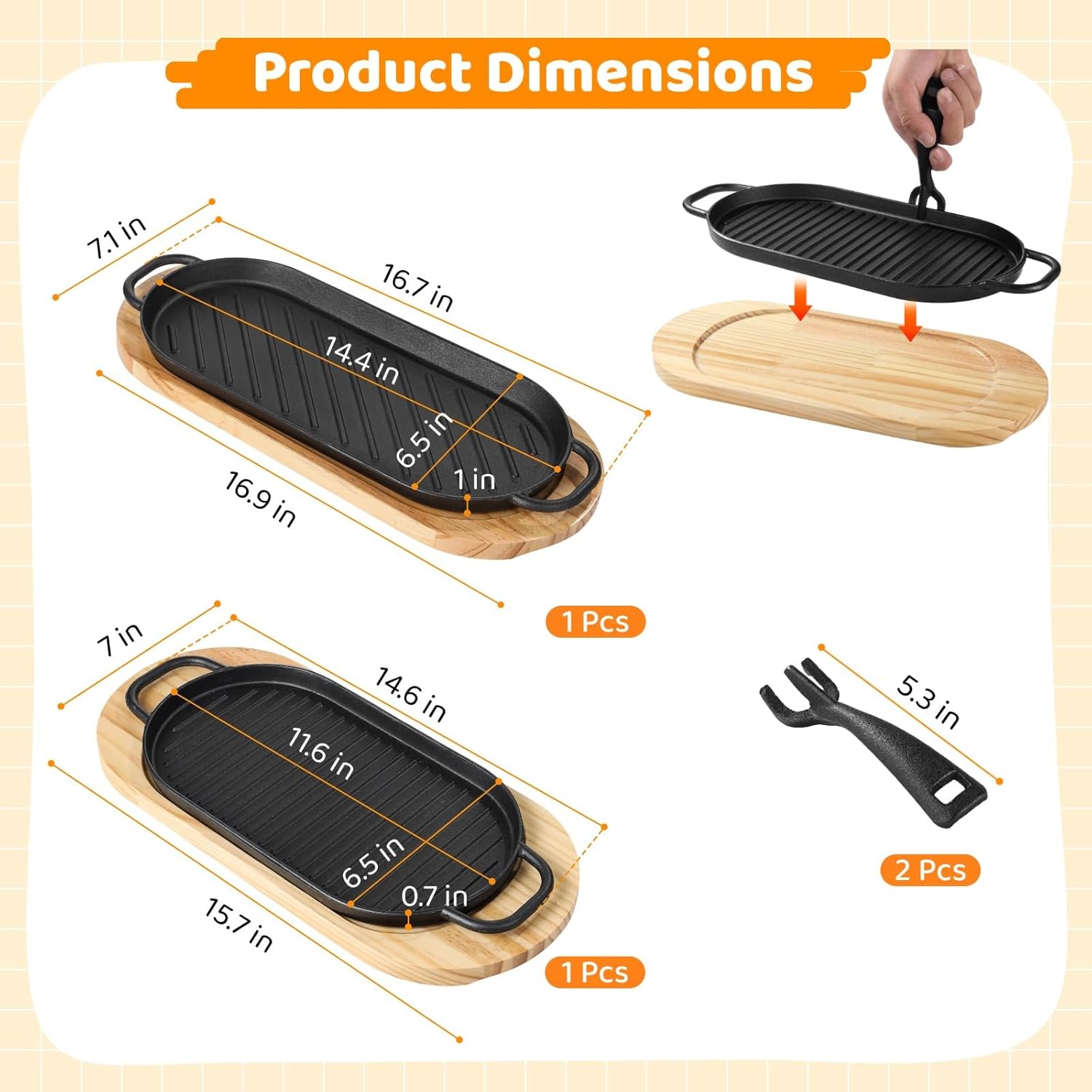 Cast Iron Skillet Set, 2 PCS Fajita Plate Sizzling Pan Cast Iron Plates with Wooden Base Removable Handle, Steak Pan for Outdoor Grilling BBQ Kitchen Cooking