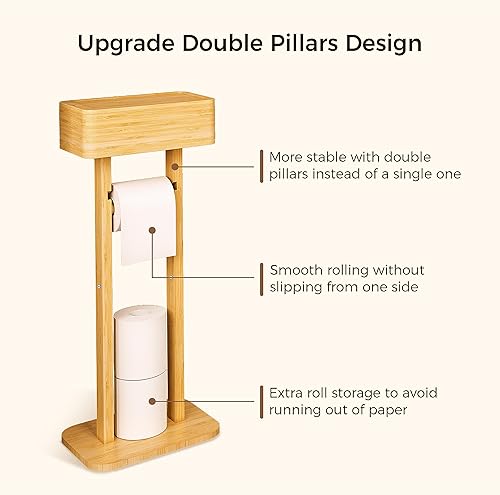Miniatura 5 de Wealone Soporte de papel higiénico 4 en 1 con estante de almacenamiento, 360 rotativo Bambú, rollo de papel higiénico independiente, dispensador de