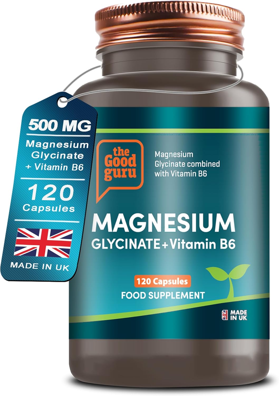 Magnesium Glycinate Supplements with Vitamin B6 | 120 Capsules, 2-in-1 Formula | High Absorption | 500mg Magnesium Glycinate + 7.35mg Pyridoxal 5 Phosphate | Vegan | Made in UK by The Good Guru