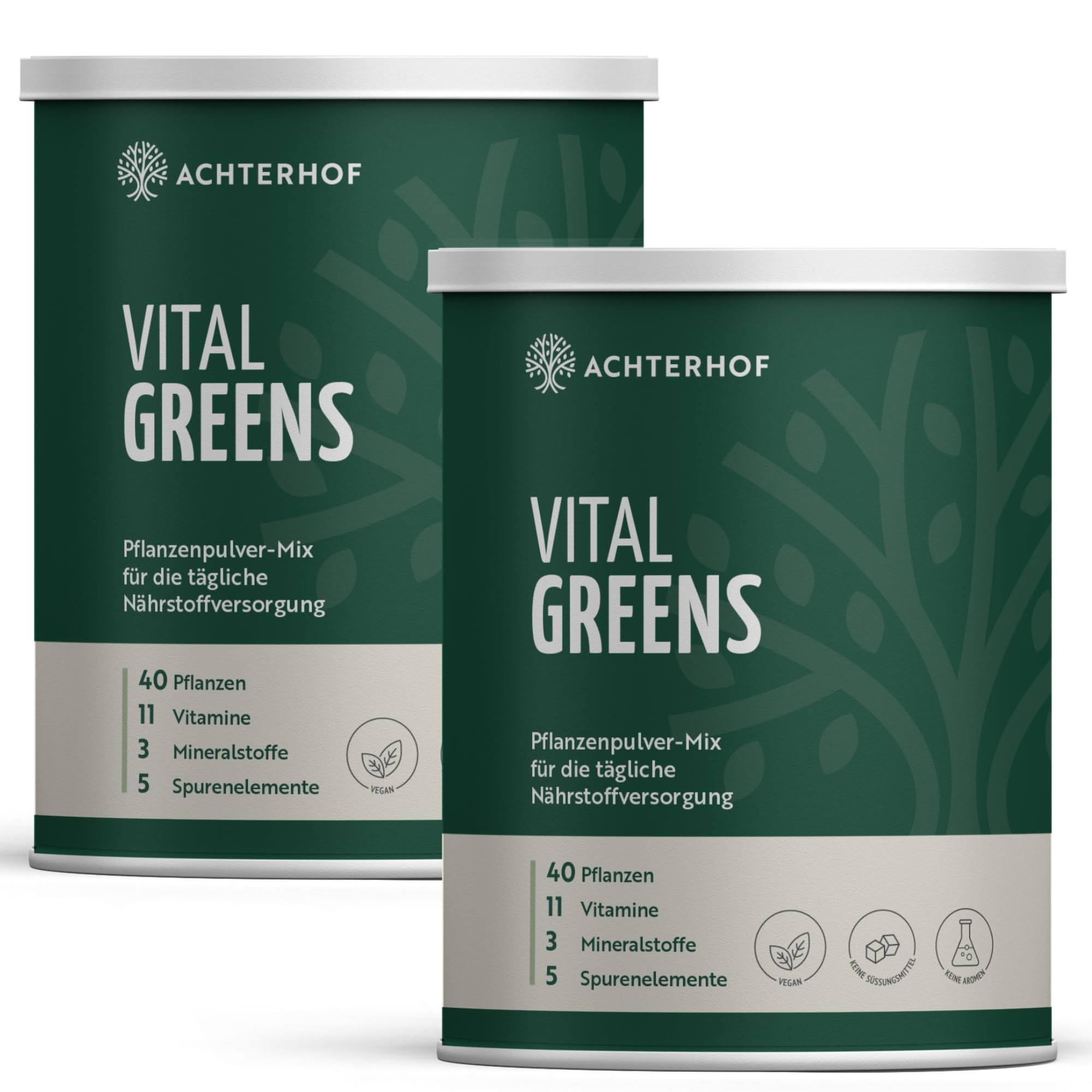 Vital Greens Pulver 2x400g | tägliche Nährstoffunterstützung | mit 40 Pflanzen, 11 Vitaminen, 3 Mineralstoffen, 5 Spurenelementen und Ballaststoffen | Achterhof