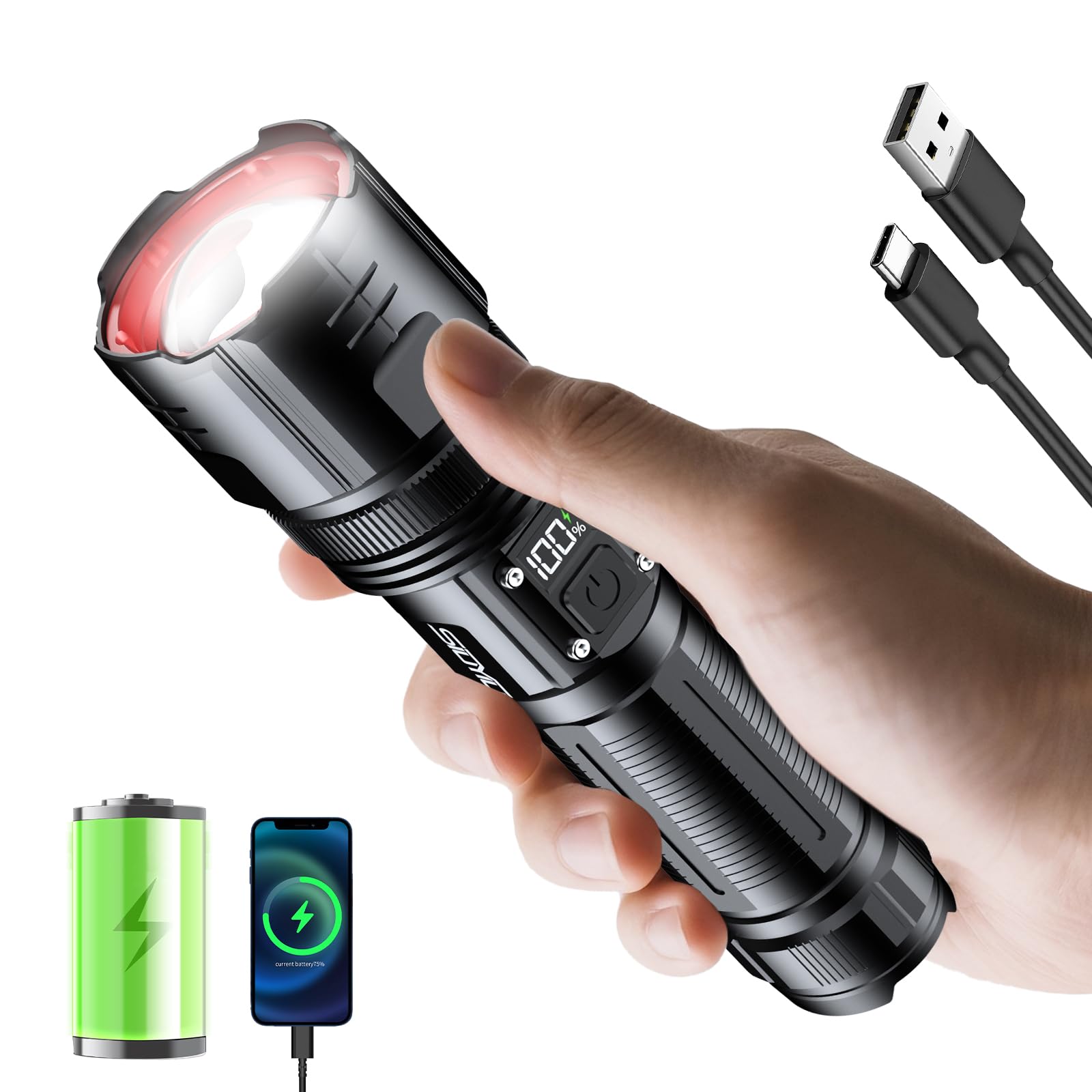 – Torches Led Super Bright, 3000 Lumens Rechargeable Torches with Digital Power Display, Tactical Torch with Zoomable, 5 Modes for Camping, Emergencies and Outdoor