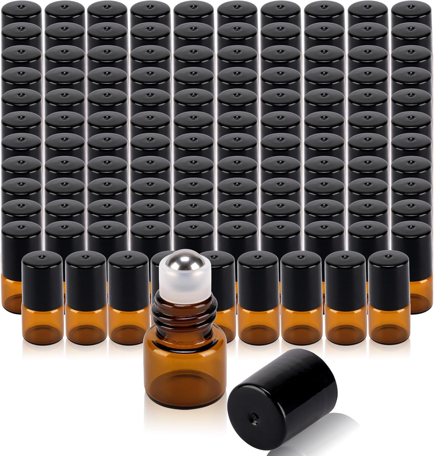 120 pack 1ml Amber Glass Roller Bottles for Essential Oils Refillable Roll-on Applicator with Stainless Steel Roller Balls Mini Leak-proof Makeup Containers with Pipettes and Bottle Opener