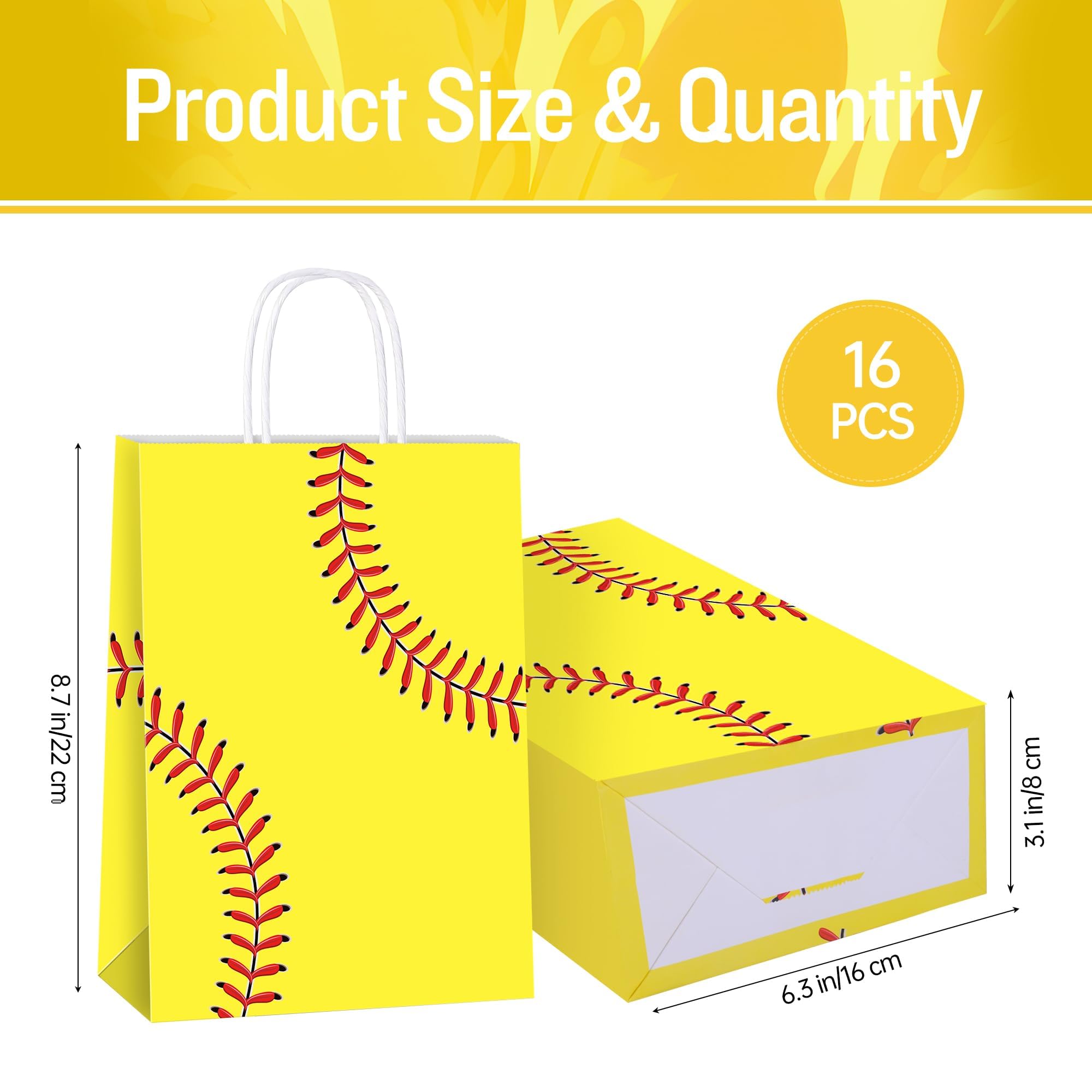 MIMIND 16 Pack Softball Gift Bags with Handles Paper Party Favor Goodie Bags Softball Treat Bags for Birthday Game Day Sport Themed Party Supplies