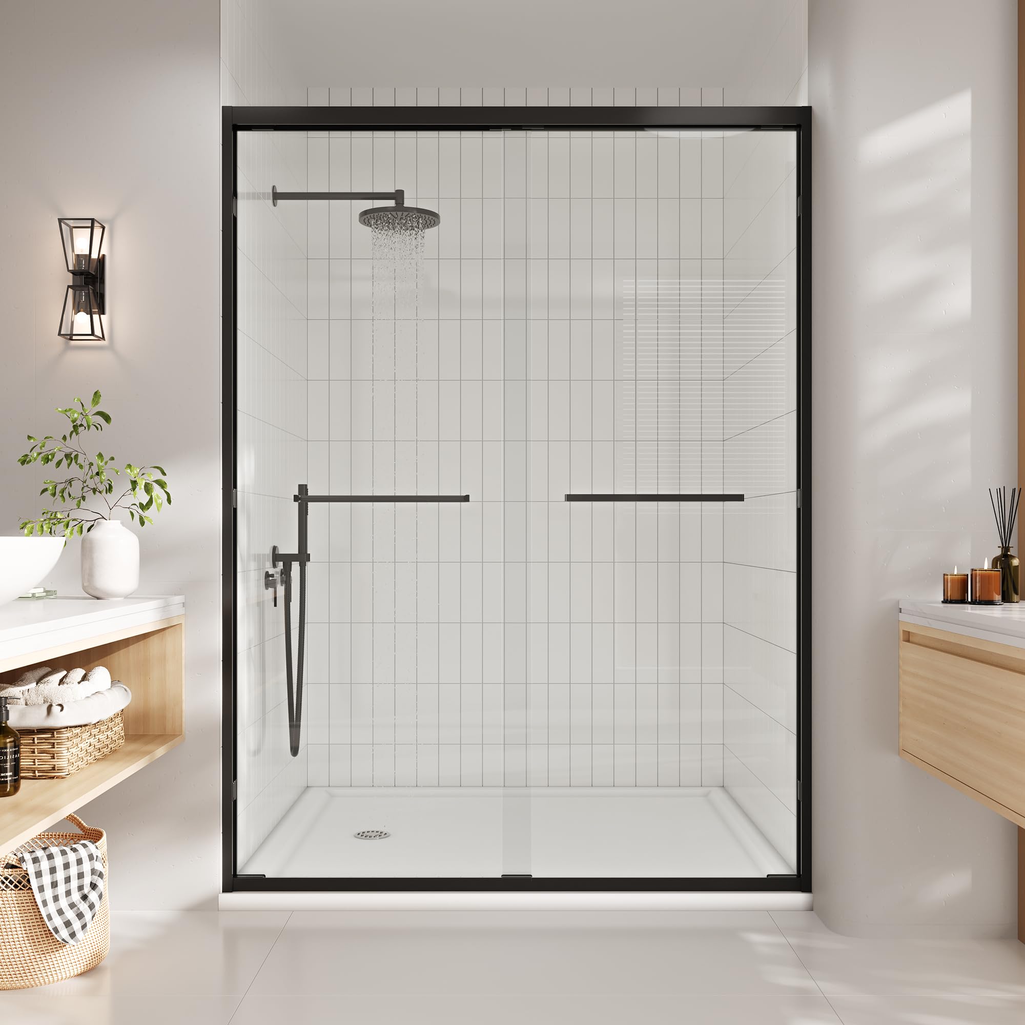 Photo 1 of 50-54 in. w x 72 in. h Semi-Frameless Double Sliding Shower Door, Clear Tempered Glass, Matte Black Frame for Walk-in Shower, Space-Saving Solution for Tight Bathrooms--------FACTORY SEALED