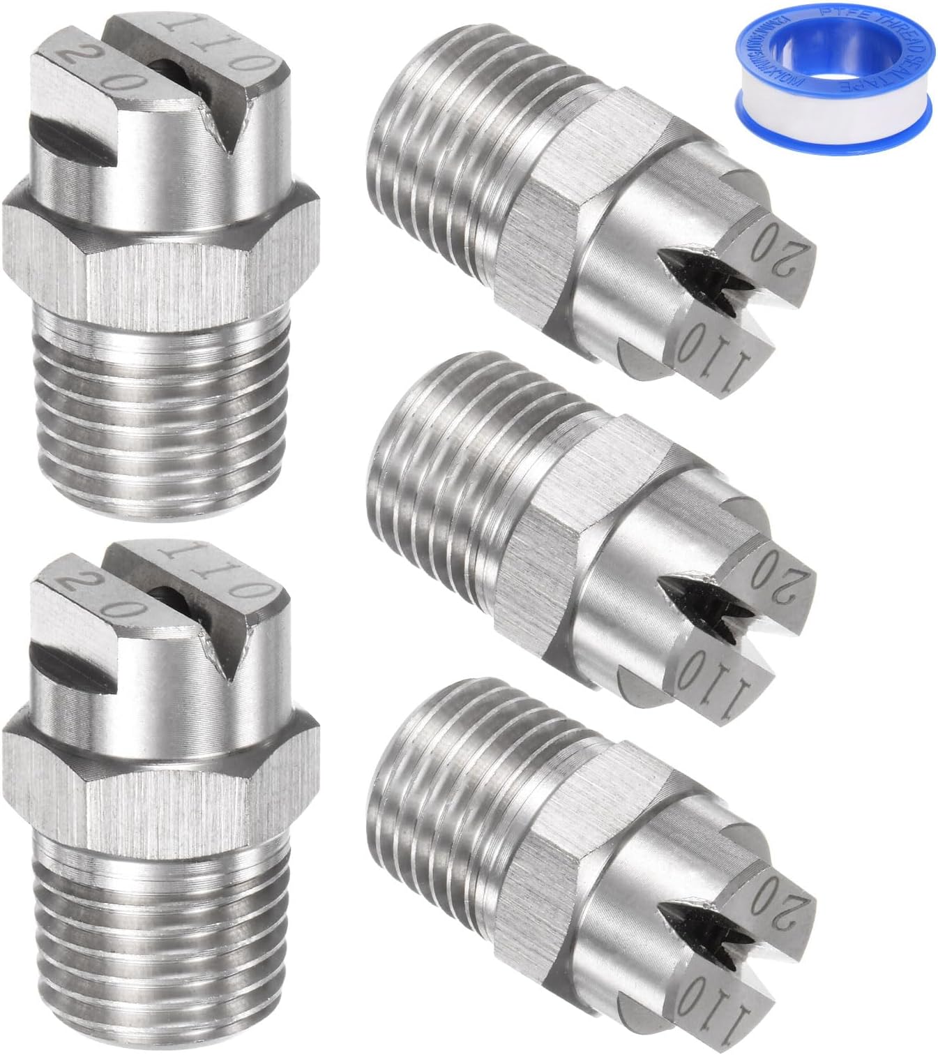 5-Pack Flat Fan Spray Tip, 110 Degree 1/4BSPT Male Stainless Steel Pressure Washer Nozzles Cleaner Nozzle Replacement W Sealing Tape for Water Guns (3.6mm Orifice)