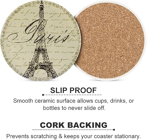 Miniatura 6 de París - Juego de 4 posavasos para bebidas, estilo francés retro de 4 pulgadas, absorbentes de cerámica de diatomita, posavasos de torre Eiffel para
