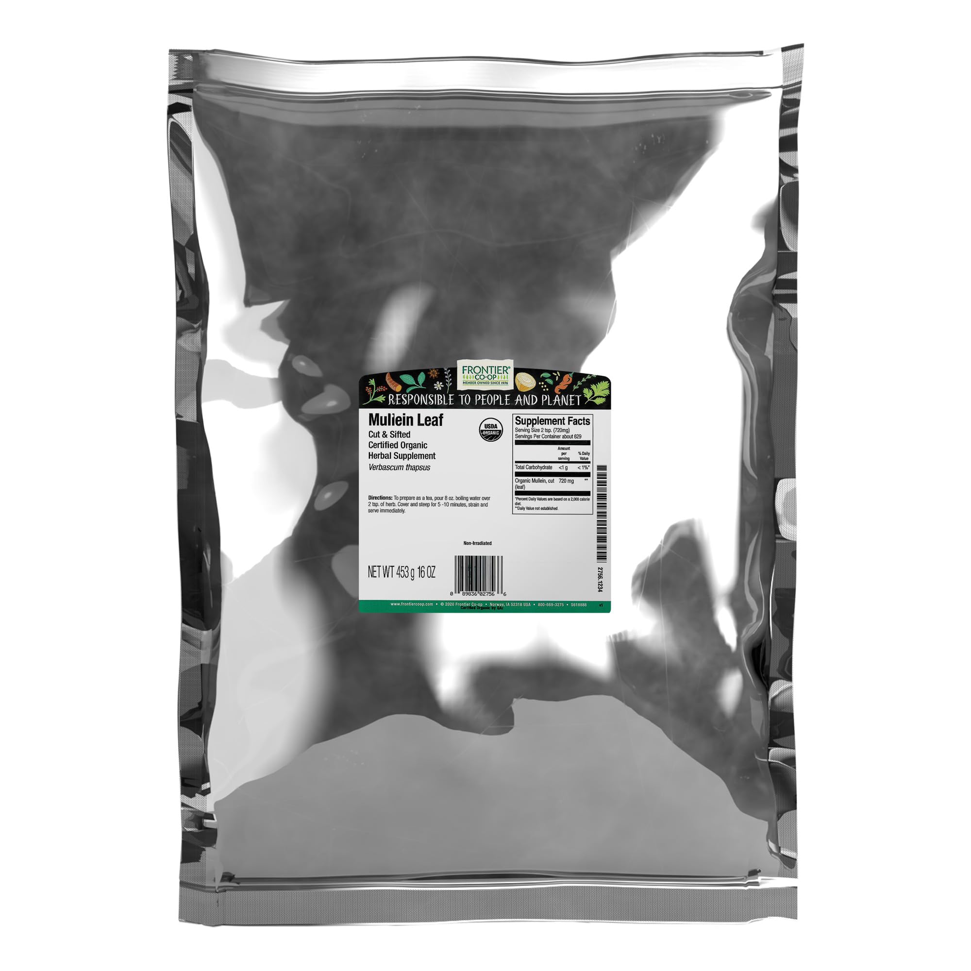 Frontier Co-op Organic Mullein Leaf, 1lb Bulk Bag, Cut and Sifted, Dried Leaves, Ideal for Mullein Tea, Leaf Extract and Capsules