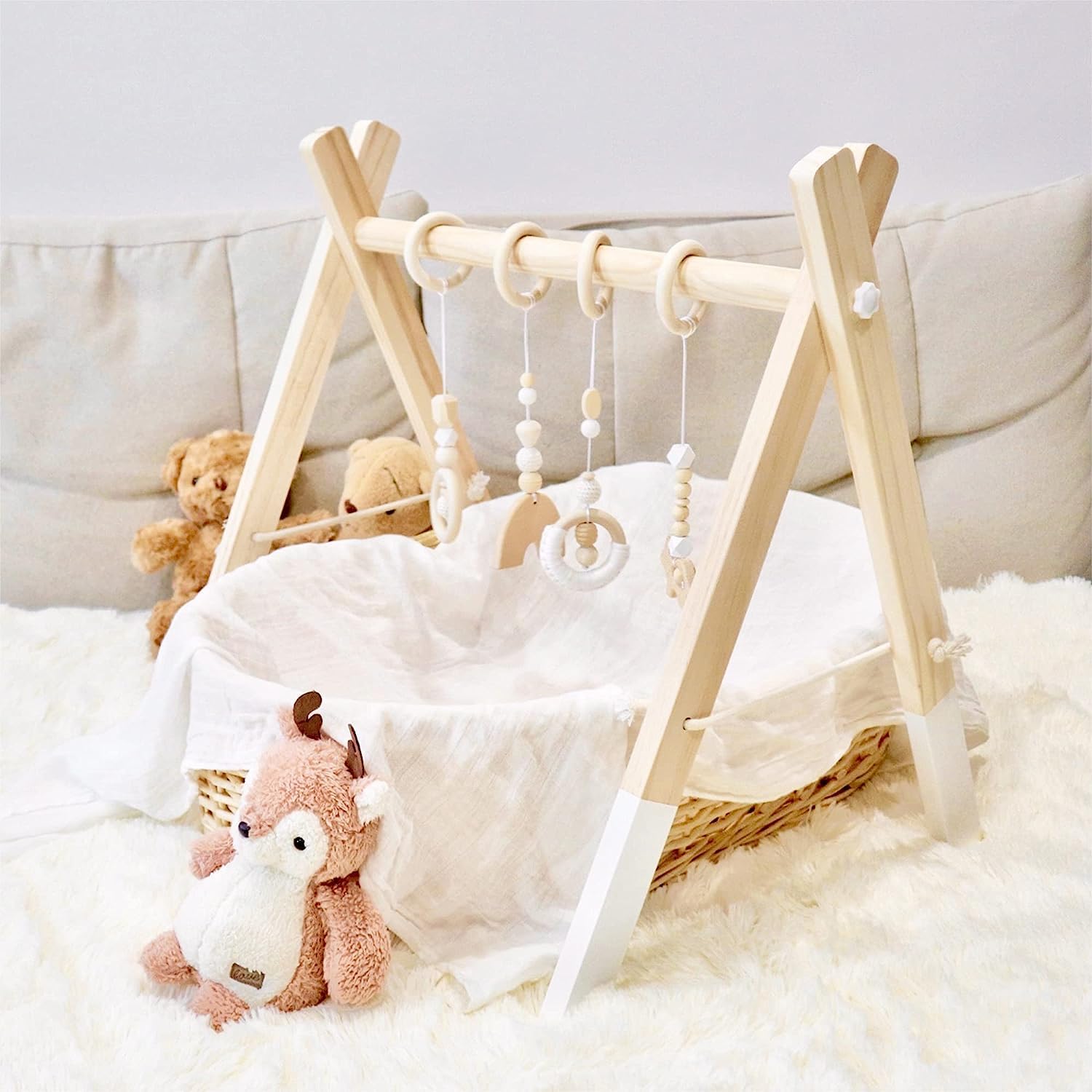 Beauenty Wooden Baby Gym with 4 Hanging Toys Foldable Baby Play Gym Frame Activity Gym Hanging Bar Newborn Gift Baby Girl and Boy Gym，Baby Toys for Perfect 0-1.5 Years Baby Shower(style 7)