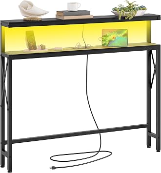 FAVOOSTY 46.8" Skinny Console Table with Charging Station and LED Light, 5.9" Narrow Sofa Table with Power Outlets and Type C & USB Port, Behind Couch Table for Living Room, Hallway, Entryway, Black