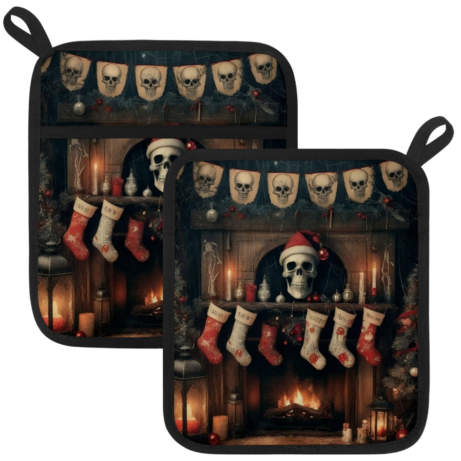 VAPOKF Christmas Skeleton Heat Resistant Pot Holders, Thick Pot Holders Pad with Hanging Loop for Kitchen, Oven Cloth Pads for Kitchen Baking Microwave Oven