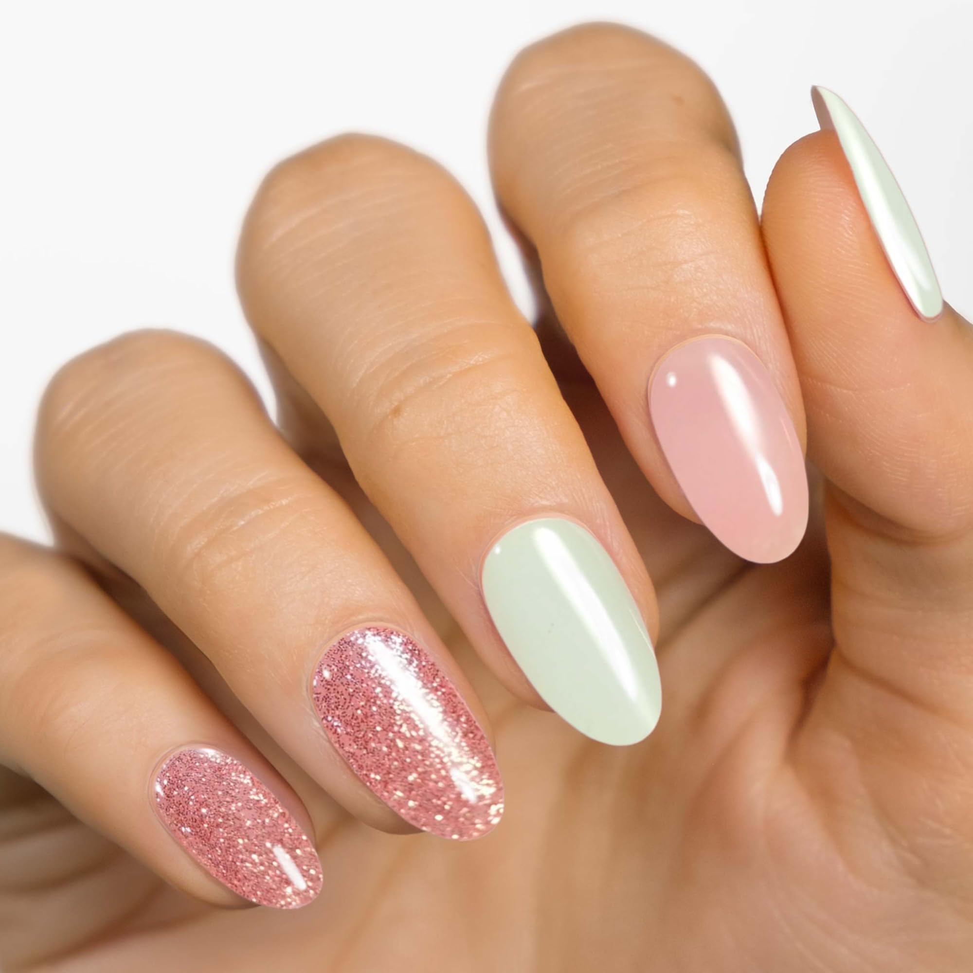 Moyou London Green & Pink Glitter Semi Cured Gel Nail Strips - 20 Pcs. Waterproof Gel Nail Wraps, Cures In Sunlight Or Uv/Led Lamp, Lasts Up To 2+ Weeks, Stretchable, Easy To Apply & Remove, Vegan & Cruelty-Free